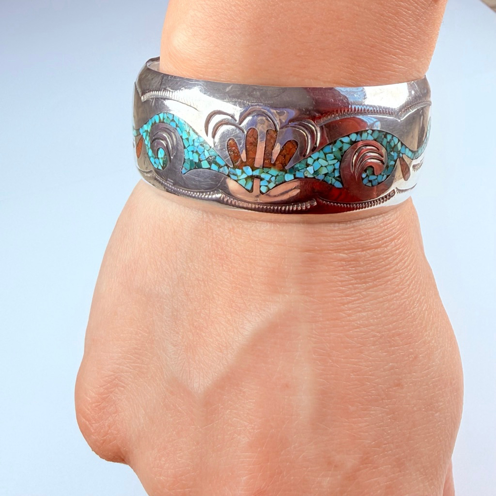 Native American Navajo Turquoise & Coral Sterling Silver BIG VTG Cuff Bracelet - Picture 9 of 11